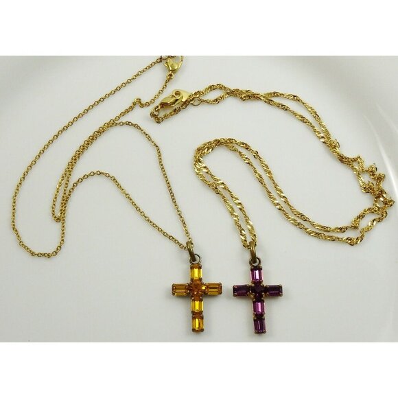 Cross Necklace Lot of 2 Necklaces Purple and Yellow Stone Religious Jewelry - Picture 2 of 4